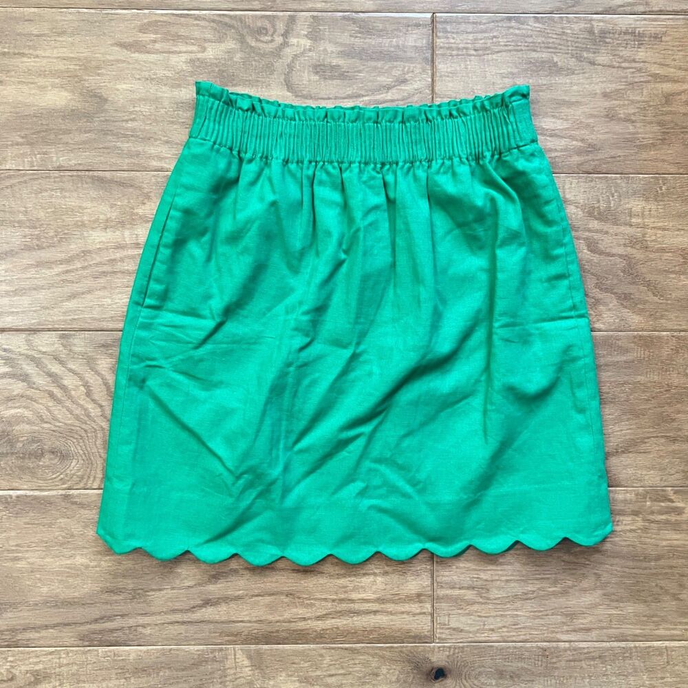 NWT J.Crew Factory Skirt Size 2 Vintage Kelly Green Scalloped Linen-Cotton